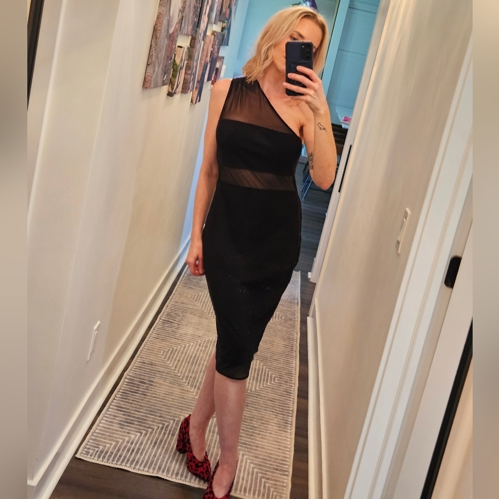 Express Black One-Shoulder Sheer Panel Bodycon Dress - Size 8 - Picture 7 of 16